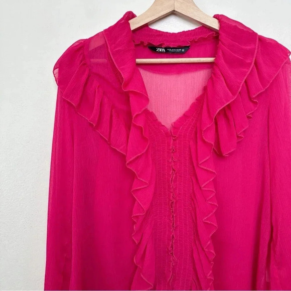 Zara Womens Small Ruffle Pink Sheer  Blouse - Picture 7 of 14